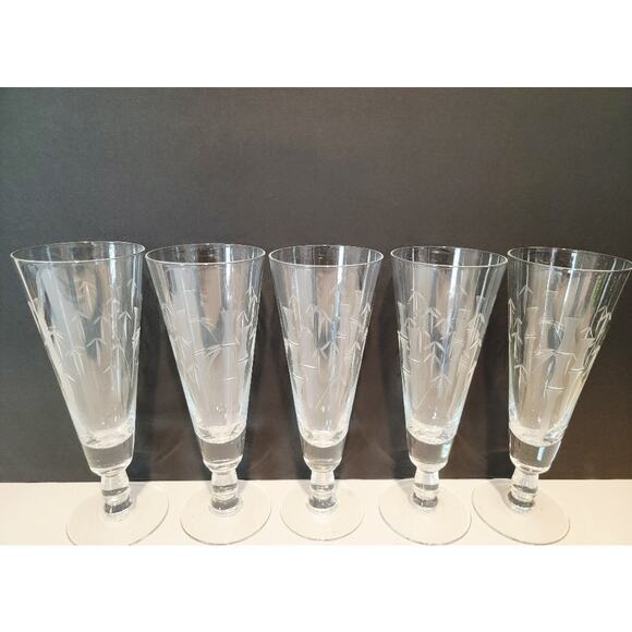 VTG Etched Bamboo Cut Crystal Glasses Set of 5 Tall‎ Pilsners Retro MCM Barware - Picture 4 of 12